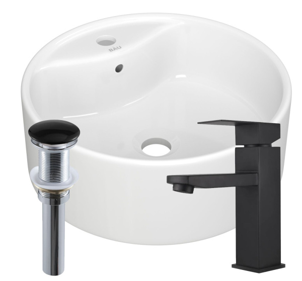 Раковина накладная круглая BAU D40, с отв. под смеситель, белая + смеситель Hotel Black, черный и выпуск клик-клак черный