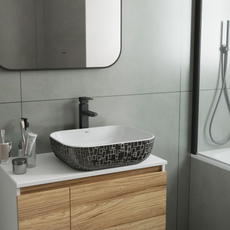 Раковина накладная прямоугольная BAU Stil 50х40 + смеситель  Hotel Black, черный и выпуск клик-клак черный