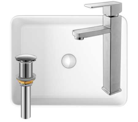 Раковина накладная со смесителем и выпуском (Умывальник BAU Hotel прямоугольный 48х37, белый + смеситель для раковины высокий Hotel Still, выпуск клик клак, хром)