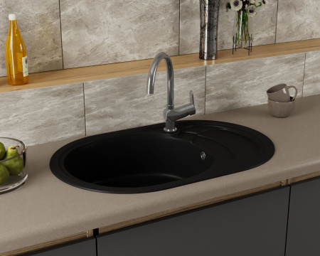 Мойка для кухни оборачиваемая овальная BAU Nimb Black coal 78х50, выпуск с сифоном в комплекте, черный уголь