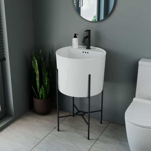 Раковина напольная с металлическими ножками (BAU Omega белая + смеситель Dream Black, черный)