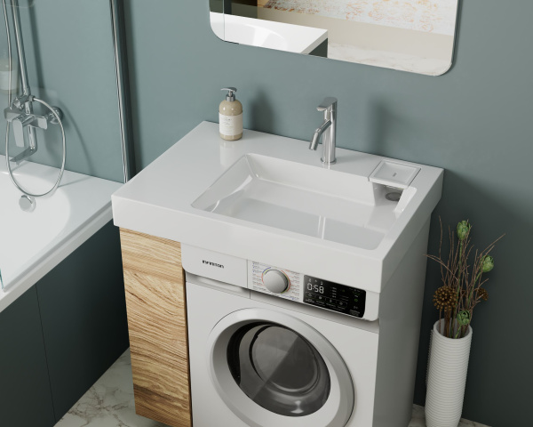 Раковина над стиральной машиной BAU Hotel Pro 80х55, литьевой мрамор в комплекте с кронштейнами и сифоном, белый глянец