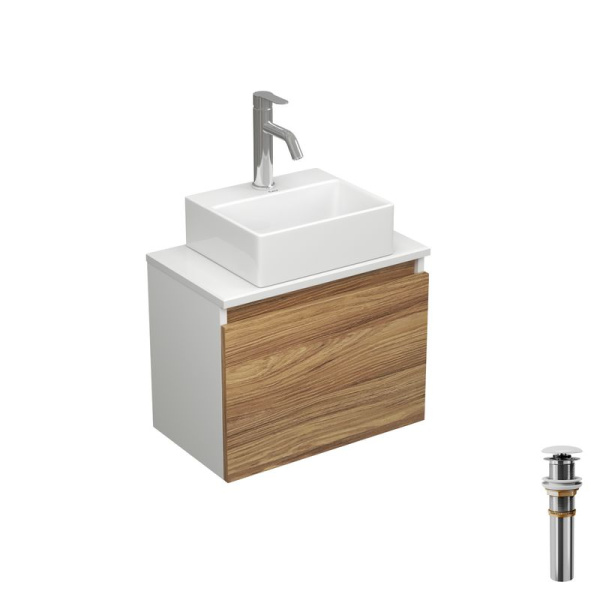 Комплект для ванной, 4 предмета (Тумба подвесная под раковину Bau 50 + раковина BAU 33х28 + смеситель Dream, нержавеющая сталь, выпуск)