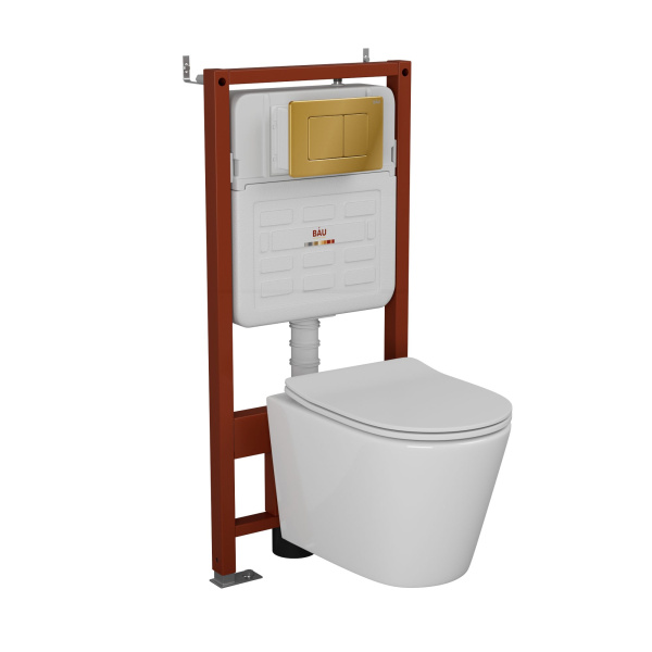Комплект BAU 6 в 1: усиленная инсталляция BAU IDEAL, унитаз подвесной безободковый Bau Nimb, сиденье дюропласт микролифт, клавиша BAU Light антивандальная, нерж. сталь золото