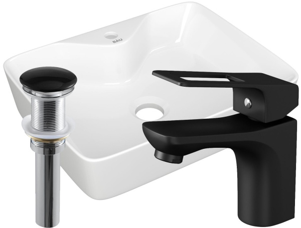 Раковина накладная со смесителем и выпуском (прямоугольная BAU 48х37 белая + смеситель Cerama Black, выпуск клик-клак черный)