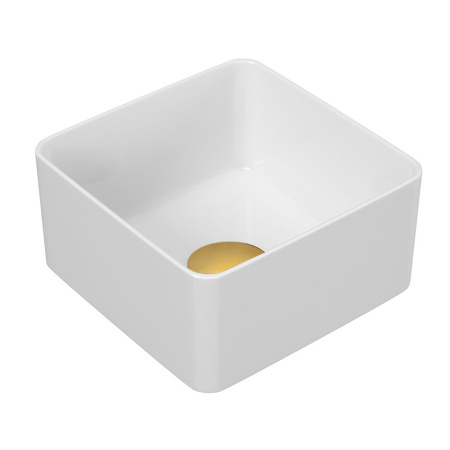 Раковина накладная на столешницу BAU Mini квадратная 24х24 белая, выпуск клик клак, золото