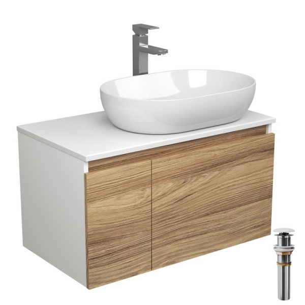 Комплект для ванной, 4 предмета (Тумба подвесная Bau Blackwood 80 + Раковина BAU 59х40 + Смеситель высокий Hotel Still, нерж. сталь, выпуск белый)