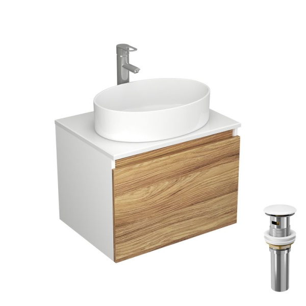 Комплект для ванной, 4 предмета (Тумба Bau Dream Blackwood 60, раковина BAU Nimb 50х36, смеситель для раковины Diadonna Dream, латунь, выпуск клик клак, белый)