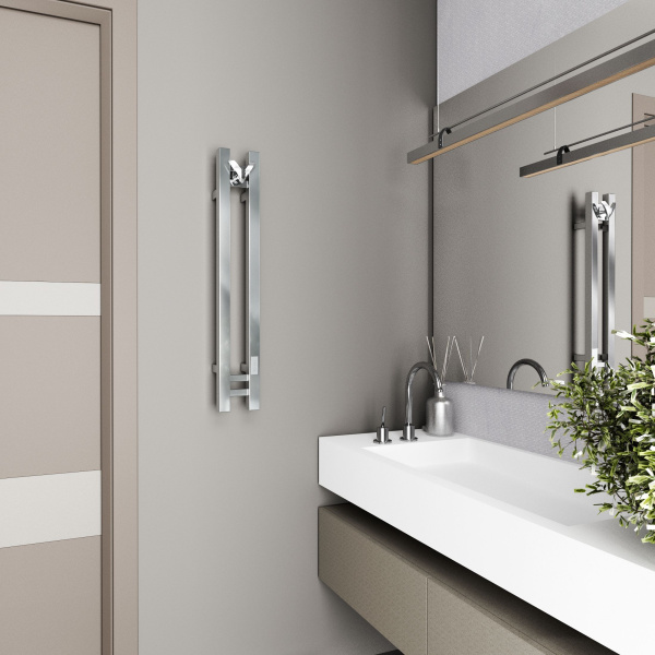 Полотенцесушитель дизайнерский электрический, профильный BAU Stella Square 10х80, 2 коллектора, 1 крючок, нерж. сталь полированная