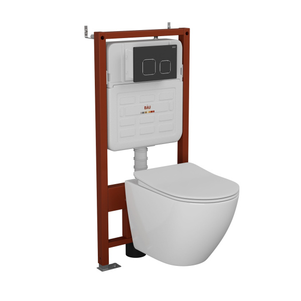 Комплект BAU 6 в 1: усиленная инсталляция BAU IDEAL, унитаз подвесной безободковый Bau Dream PRO-2, сиденье микролифт, клавиша BAU Strike, черная матовая