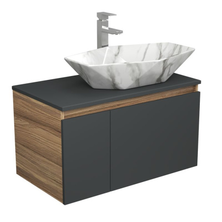 Комплект для ванной, 3 предмета (Тумба подвесная Bau Blackwood 80 графит + Раковина BAU 64х40, мрамор, Смеситель высокий Hotel Still, нерж. сталь)