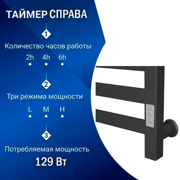 Полотенцесушитель электрический профильный Маргроид BAU В81/10 30х80, 2 вставки 4х4 размер 30*10, черный матовый с таймером, универсальное подключение