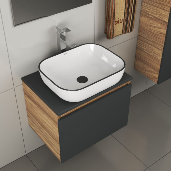 Комплект для ванной, 4 предмета (тумба Bau 60, графит + раковина BAU Stil Black Rand 50х40 + смеситель Hotel Still, выпуск клик-клак, черный)