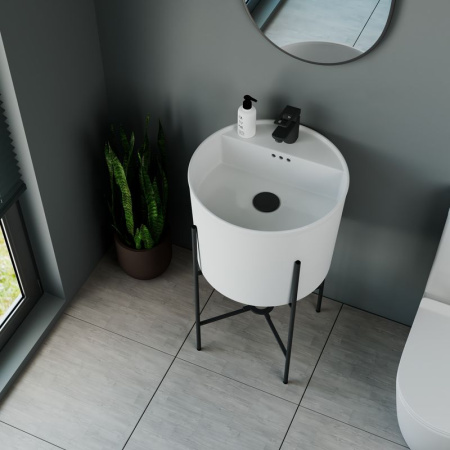 Раковина напольная с металлическими ножками и выпуском (BAU Omega белая + смеситель Cerama Black, выпуск клик-клак черный)