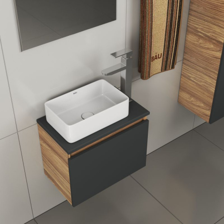 Комплект для ванной, 4 предмета (тумба Bau 50, графит + раковина BAU Hotel mini 37х23 + смеситель Hotel Still, выпуск клик-клак, белый)