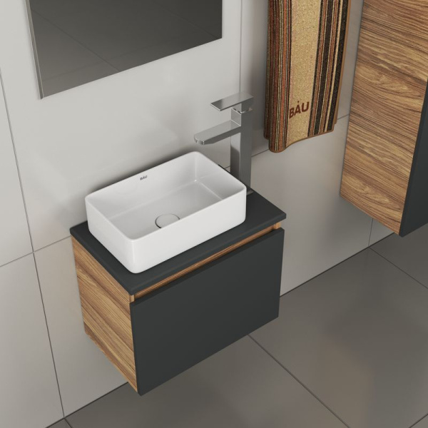 Комплект для ванной, 4 предмета (тумба Bau 50, графит + раковина BAU Hotel mini 37х23 + смеситель Hotel Still, выпуск клик-клак, белый)