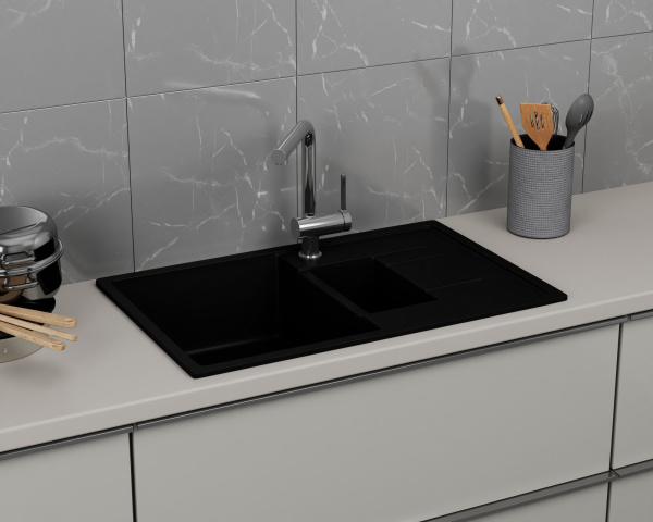 Мойка для кухни оборачиваемая полуторная чаша с крылом BAU Stil Black coal 77х50, выпуск с сифоном в комплекте, черный уголь