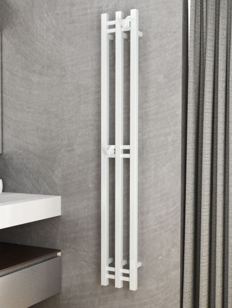 Полотенцесушитель дизайнерский электрический, профильный BAU Stella Square 25х160, 3 коллектора, 2 крючка, белый полуматовый