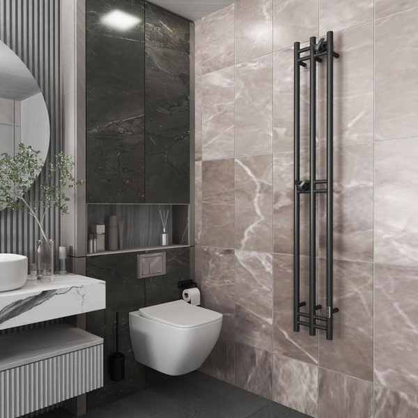 Полотенцесушитель дизайнерский электрический, BAU Stella 25х160, 3 коллектора, 2 крючка, черный матовый RAL 9005