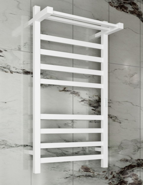 Полотенцесушитель электрический профильный с полкой BAU Hotel Shelf 50х100, 8 планок, универсальный, белый полуматовый
