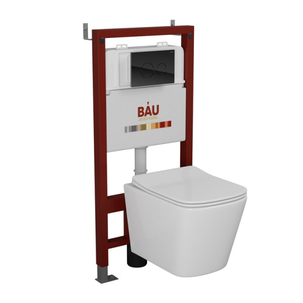 Комплект BAU 6 в 1: инсталляция BAU PRO, Унитаз подвесной безободковый Bau Stil 49x35, сиденье дюропласт микролифт, клавиша из стекла BAU Dream, черная