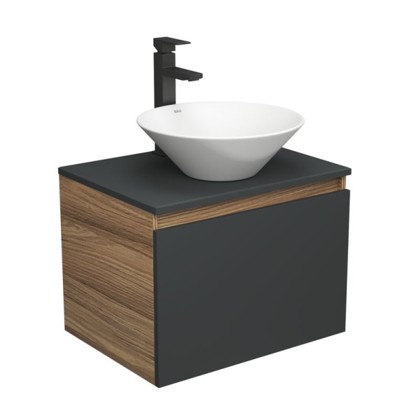 Комплект для ванной, 3 предмета (тумба Bau Dream 60, графит + раковина санфаянс накладная BAU Dream D43, смеситель высокий Hotel Black)