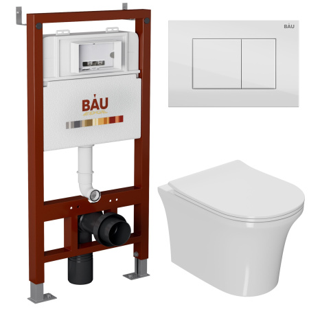 Комплект BAU 6 в 1: инсталляция BAU PRO, унитаз подвесной безободковый Bau Spectrum PRO, сиденье быстросъемное микролифт, клавиша BAU Stil, белый глянец