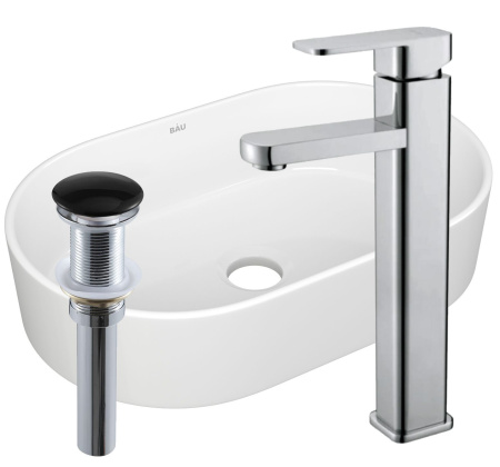 Раковина накладная со смесителем и выпуском (овальная BAU Nimb 56х36, белая + смеситель Hotel Still, нер. сталь, выпуск клик-клак черный)