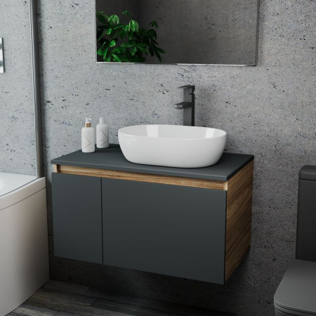 Комплект для ванной, 3 предмета (Тумба подвесная Bau Blackwood 80 графит + Раковина BAU 48х34, Смеситель высокий Hotel Black, черный)