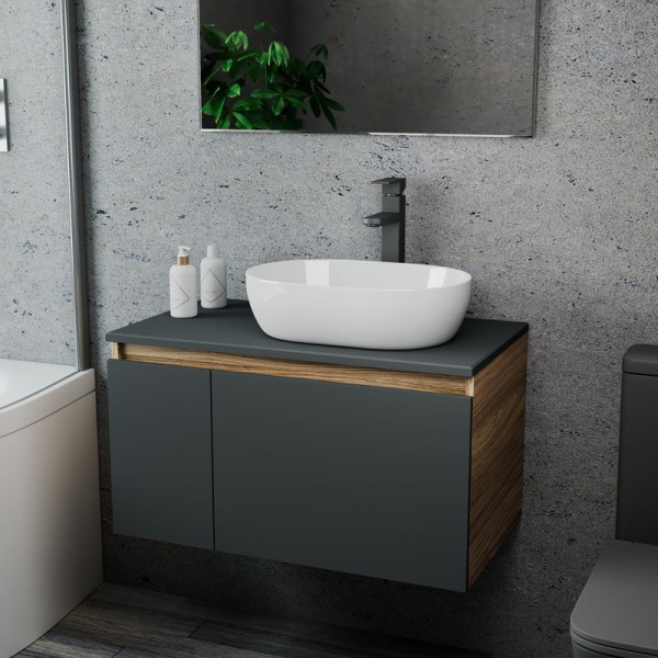 Комплект для ванной, 3 предмета (Тумба подвесная Bau Blackwood 80 графит + Раковина BAU 48х34, Смеситель высокий Hotel Black, черный)