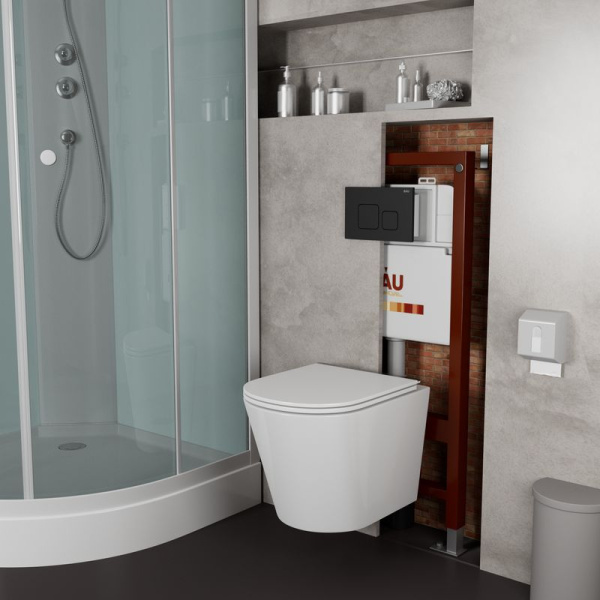 Комплект BAU 6 в 1: инсталляция BAU PRO, унитаз подвесной безободковый Bau Nimb LUX, сиденье дюропласт микролифт со вставкой из нержавеющей стали, кнопка смыва BAU Soul, черная матовая