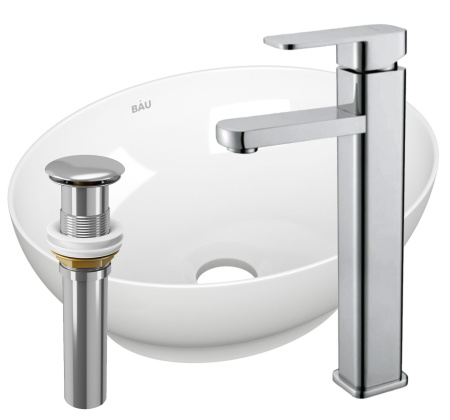 Раковина накладная со смесителем и выпуском (овальная BAU Nimb 41х33, белая + смеситель Hotel Still, нер. сталь, выпуск клик-клак хром)