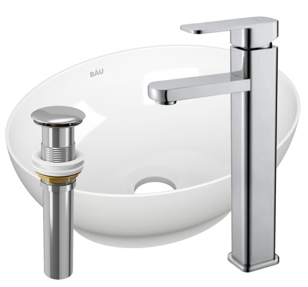 Раковина накладная со смесителем и выпуском (овальная BAU Nimb 41х33, белая + смеситель Hotel Still, нер. сталь, выпуск клик-клак хром)