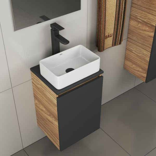 Комплект для ванной, 4 предмета (тумба Bau 40, графит + раковина BAU Hotel mini 37х23 + смеситель Hotel Black, выпуск клик-клак, черный)
