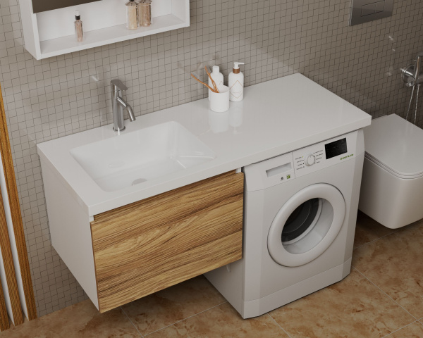 Раковина над стиральной машиной BAU Bloom 120х50, литьевой мрамор в комплекте с кронштейнами и сифоном белый глянец, левая