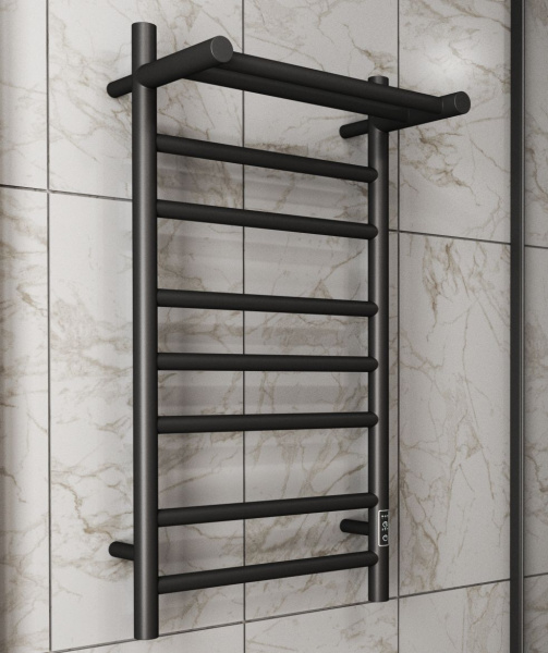 Полотенцесушитель электрический с полкой BAU Stil Shelf 40х80, 7 планок, универсальный, черный матовый RAL 9005
