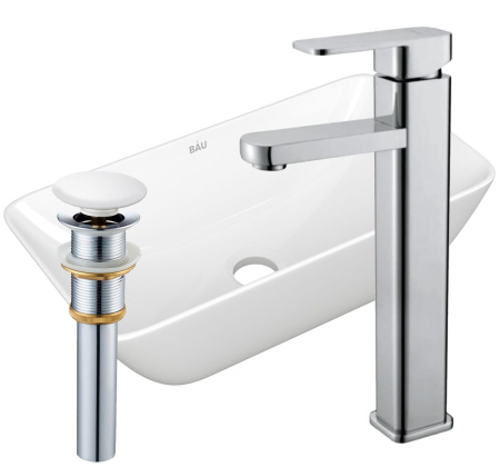 Раковина накладная со смесителем и выпуском (прямоугольная BAU Spectrum mini 47х24, белая + смеситель Hotel Still, нер. сталь, выпуск клик-клак белый)