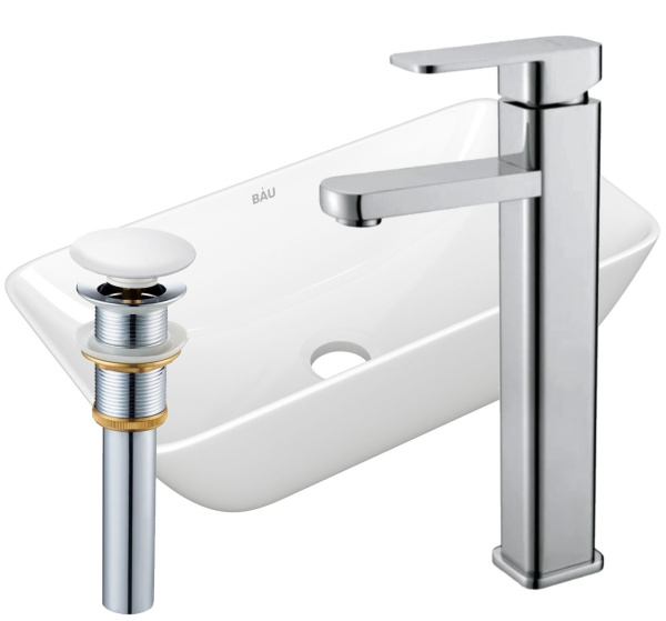 Раковина накладная со смесителем и выпуском (прямоугольная BAU Spectrum mini 47х24, белая + смеситель Hotel Still, нер. сталь, выпуск клик-клак белый)