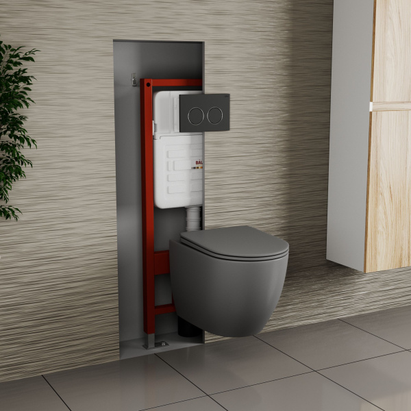 Комплект BAU 6 в 1: усиленная инсталляция BAU IDEAL, унитаз подвесной безободковый Bau Dream 49,5х36 темно-серый матовый, сиденье дюропласт микролифт, клавиша BAU Round, черная матовая