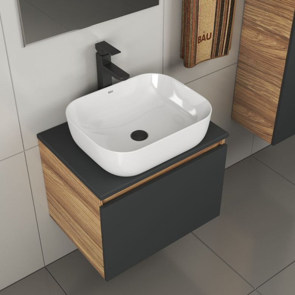 Комплект для ванной, 4 предмета (тумба Bau 60, графит + раковина BAU Stil Pro Pro 50х40 + смеситель Hotel Black, выпуск клик-клак, черный)