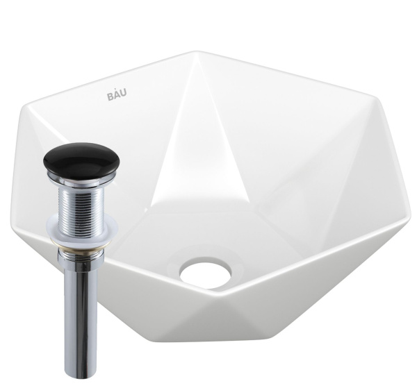 Раковина накладная на столешницу BAU Crystal 40х40, белая + выпуск клик-клак, черный