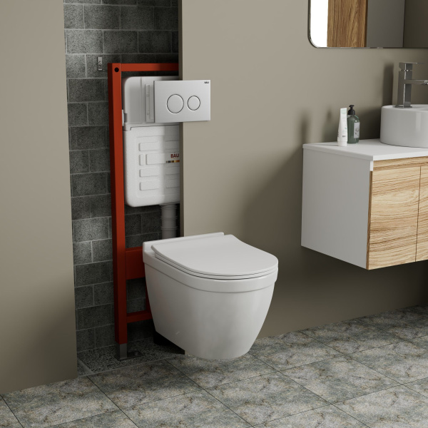 Комплект BAU 6 в 1: усиленная инсталляция BAU IDEAL, унитаз подвесной безободковый Bau Mif PRO, сиденье микролифт, клавиша BAU Wheel антивандальная, нерж. сталь брашированная