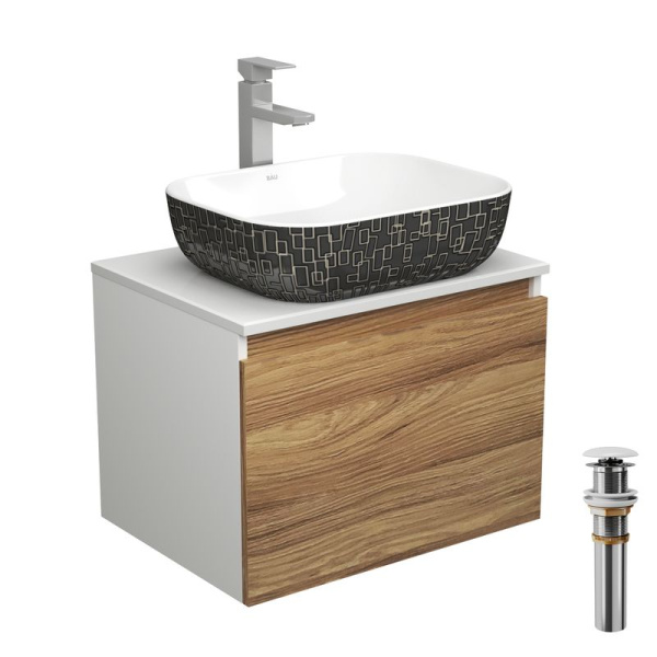 Комплект для ванной, 4 предмета (тумба Bau Dream 60 + раковина BAU 50х40, белая/черная + смеситель Hotel Still, выпуск клик-клак, белый)