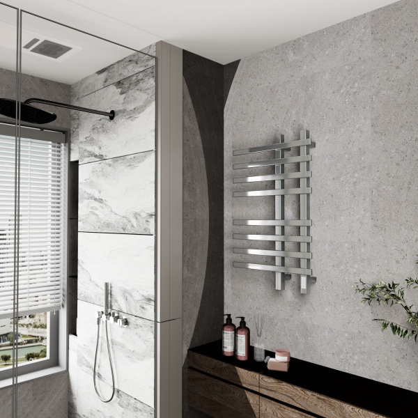 Полотенцесушитель дизайнерский электрический, профильный BAU Wind 50х80, 8 планок, нерж. сталь полированная