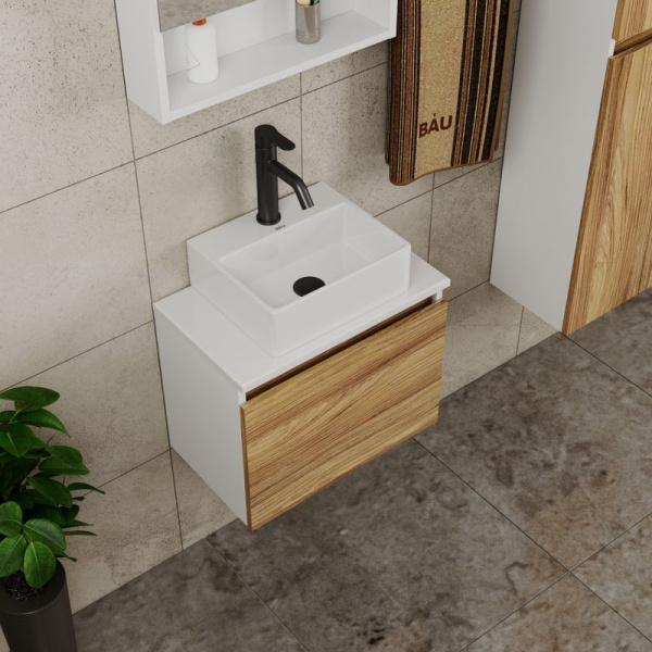 Комплект для ванной, 4 предмета (Тумба подвесная под раковину Bau 50 + раковина BAU 33х28 + смеситель Dream Black, черный, выпуск)