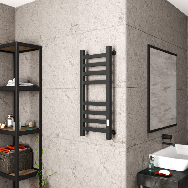 Полотенцесушитель электрический профильный Маргроид BAU В81/10 30х80, 2 вставки 4х4 размер 30*10, черный матовый RAL 9005 с таймером справа