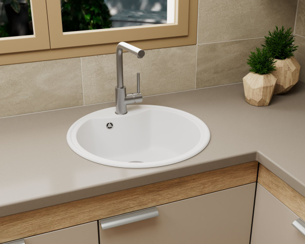 Мойка для кухни BAU Dream White snow D 51, выпуск с сифоном в комплекте, белый снег