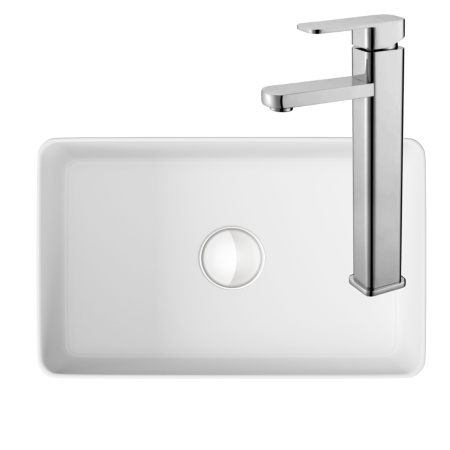 Раковина со смесителем (умывальник накладной на столешницу BAU Mini прямоугольный, 38х24 белая, смеситель для раковины высокий Potato Hotel, хром)