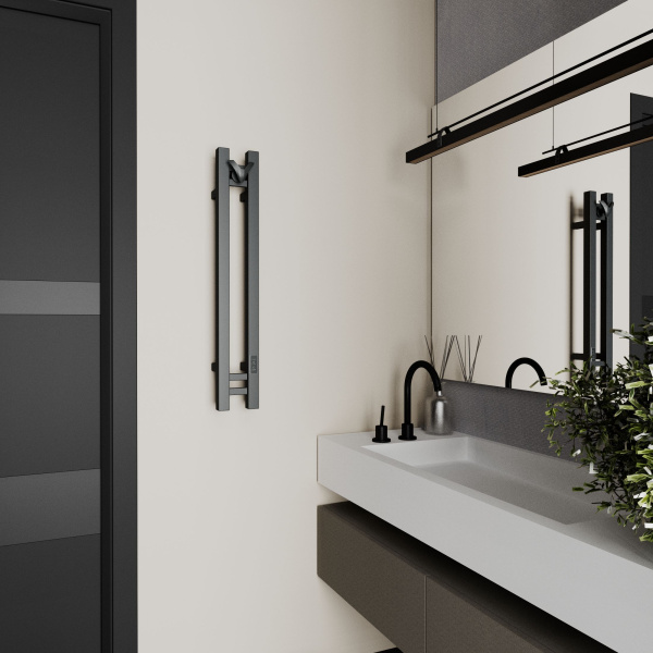 Полотенцесушитель дизайнерский электрический, профильный BAU Stella Square 10х80, 2 коллектора, 1 крючок, черный матовый RAL 9005