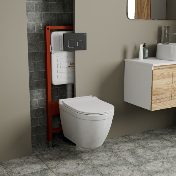 Комплект BAU 6 в 1: усиленная инсталляция BAU IDEAL, унитаз подвесной безободковый Bau Mif PRO, сиденье микролифт, клавиша BAU Strike, черная матовая